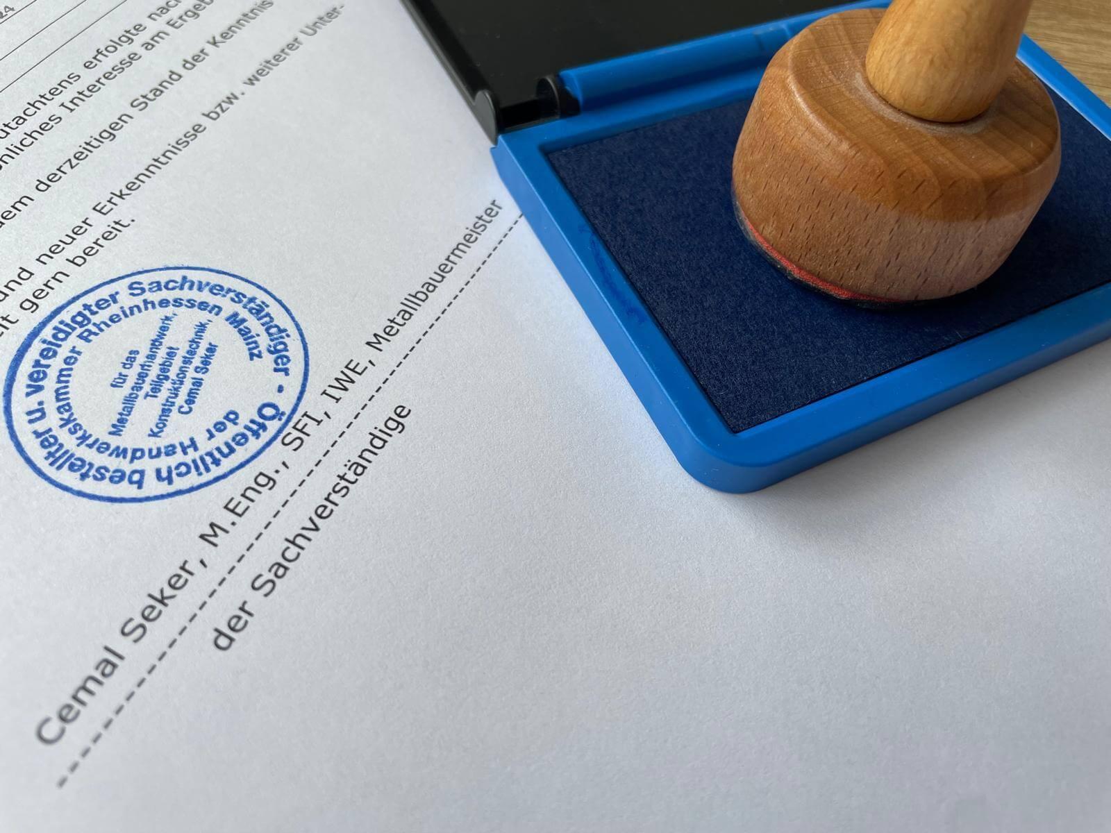 Runder Stempel des öffentlich bestellten und vereidigten Sachverständigen Cemal Seker auf einem Gutachten, daneben Stempelkissen